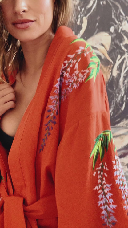 Wisteria & Chrysanthemum Embroidered Terracotta Fully Lined Long Kimono