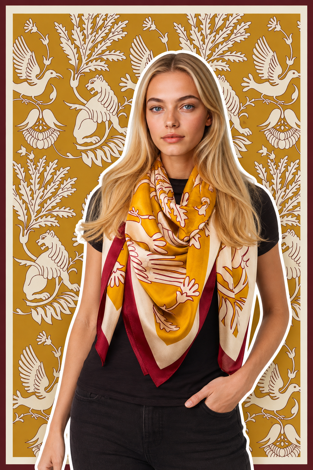 Regal Doves & Lions Wine & Mustard Luxury Silk Scarf 120cm * 120cm