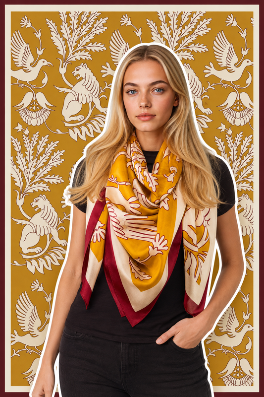 Regal Doves & Lions Wine & Mustard Luxury Silk Scarf 120cm * 120cm