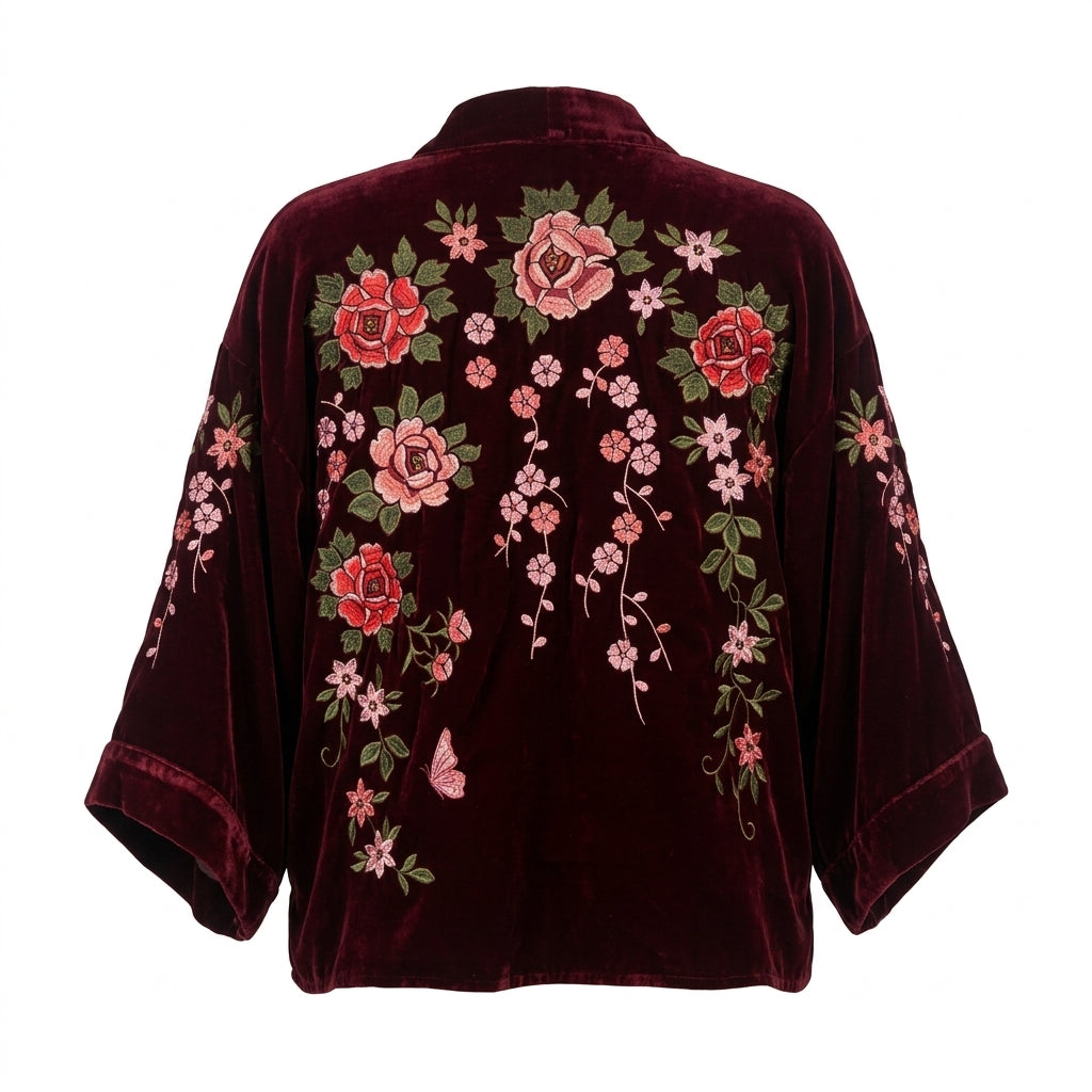 Velvet Floral Wine & Pink Short Kimono