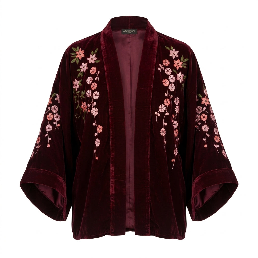 Velvet Floral Wine & Pink Short Kimono