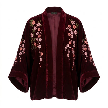 Velvet Floral Wine & Pink Short Kimono